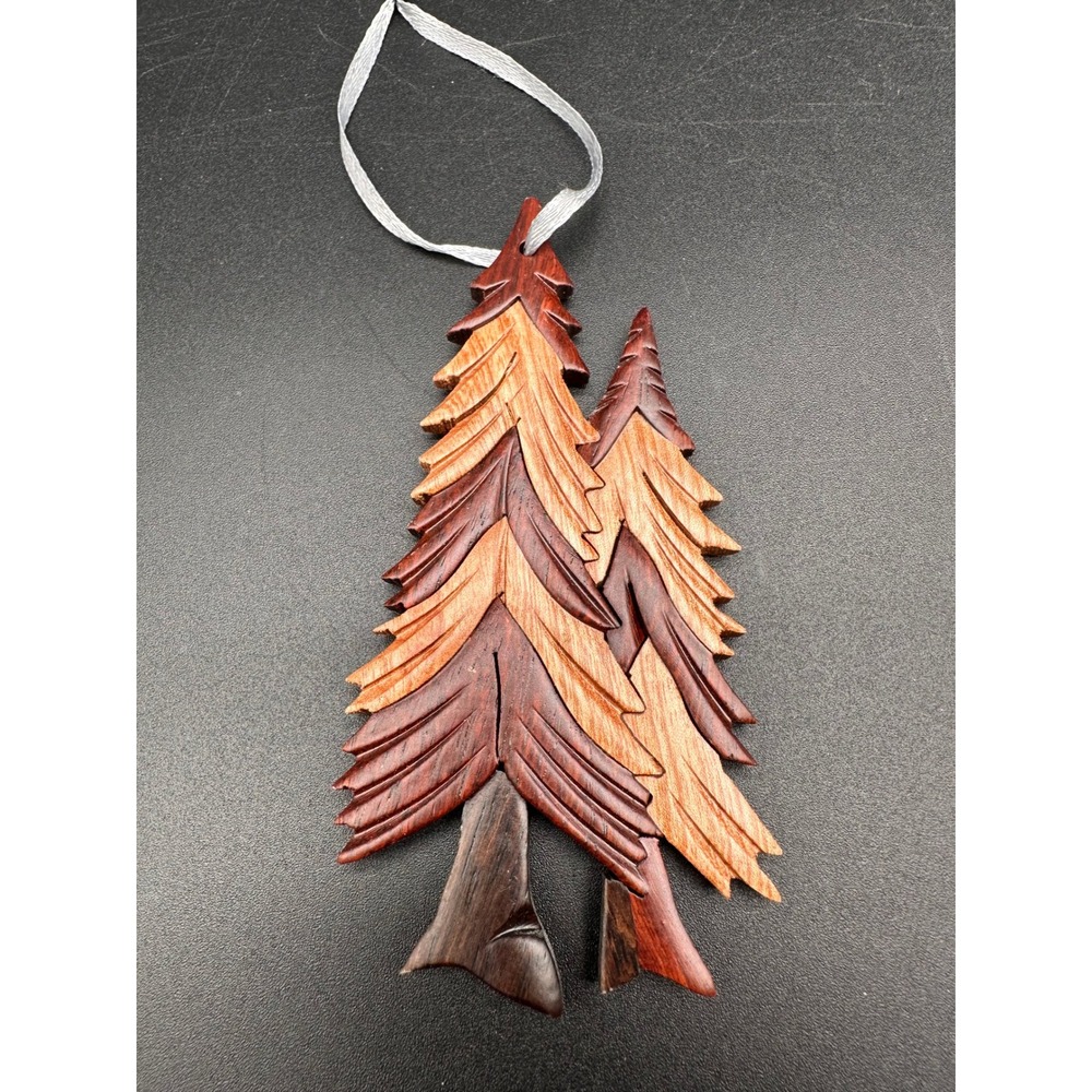 Handmade Intarsia Pine Tree Ornament Hand Carved Wood Evergreen Christmas Decor